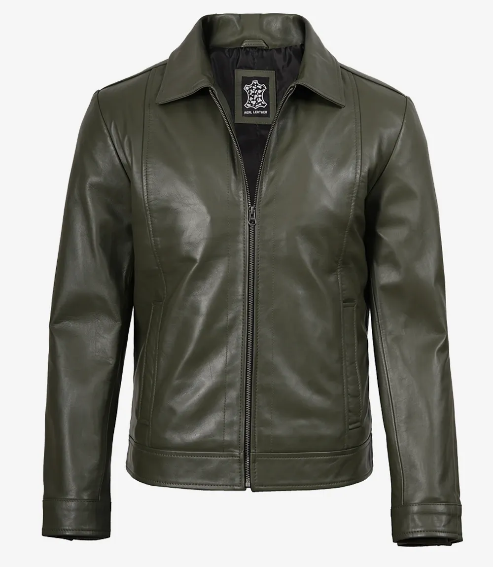 Men's Classic Shirt Collar Olive Green Leather Jacket Men's Classic Shirt Collar Olive Green Leather Jacket