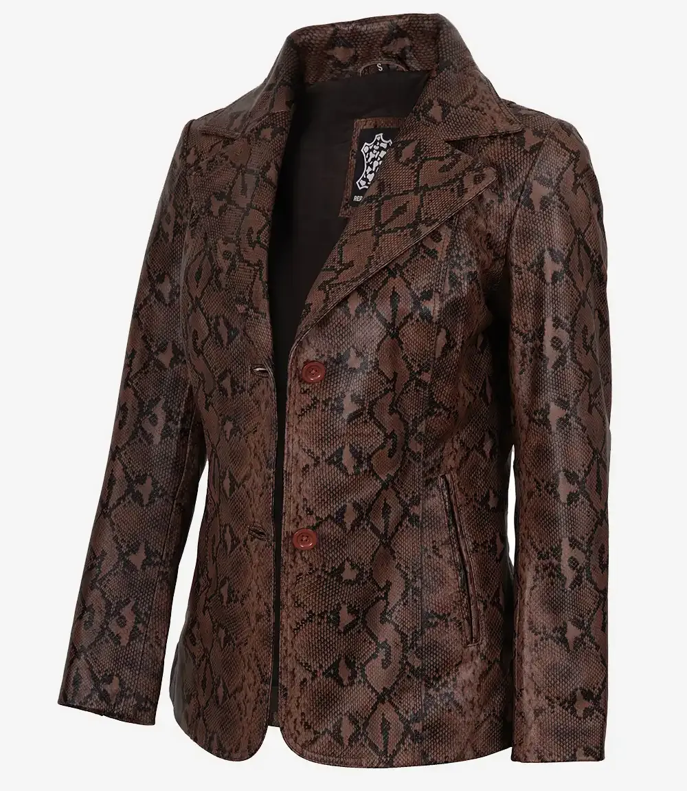 Kathryn Womens Snake Pattern Two Button Cognac Leather Blazer Kathryn Womens Snake Pattern Two Button Cognac Leather Blazer