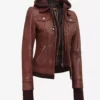 Tralee Women's Cognac Wax Bomber Leather Jacket With Removable Hood