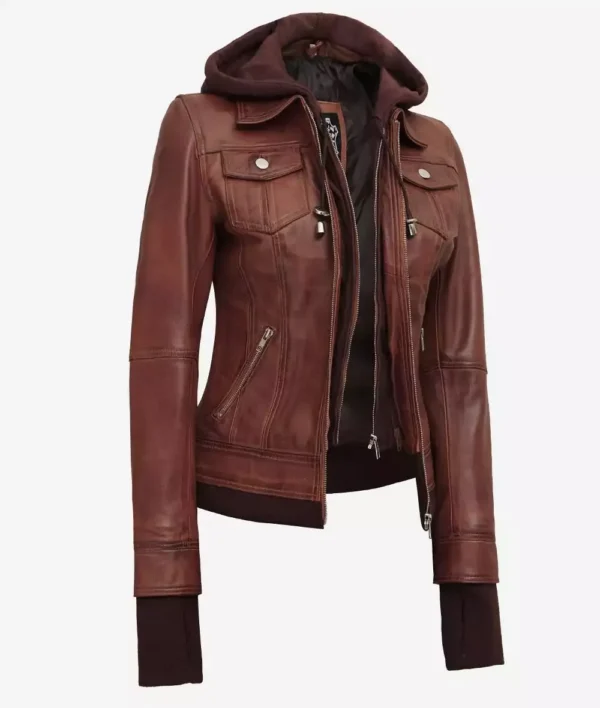 Tralee Women's Cognac Wax Bomber Leather Jacket With Removable Hood