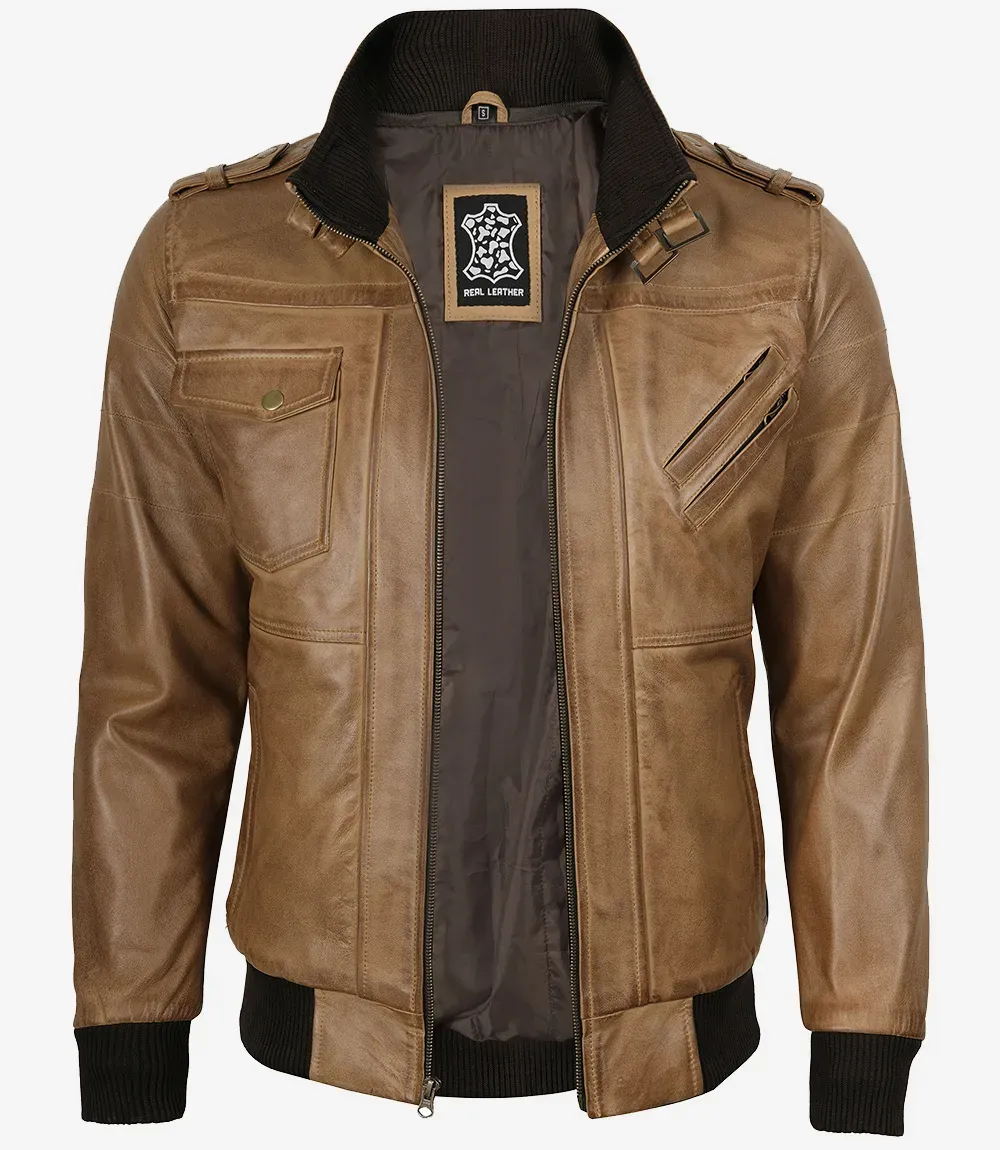 Men's Camel Brown Bomber Leather Jacket (Removable Hood)