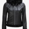 Women's Black Leather Hooded Shearling Jacket