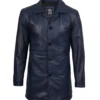 Mens 3/4 Length Blue Waxed Leather Car Coat