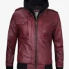 Men's Maroon Bomber Leather Jacket With Removable Hood