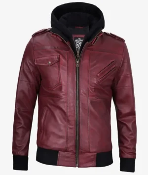 Men's Maroon Bomber Leather Jacket With Removable Hood
