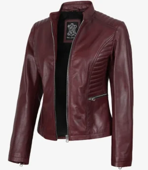 Women's Burgundy Leather Biker Style Jacket