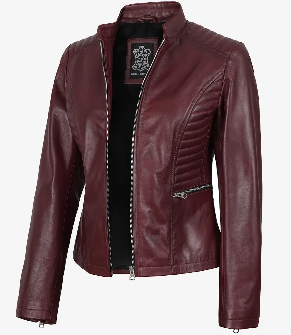 Women's Burgundy Leather Biker Style Jacket(1) Women's Burgundy Leather Biker Style Jacket