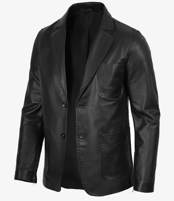 Mens Two Button Black Leather Blazer - Notch Lapel