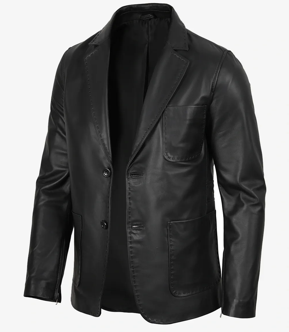 Mens Two Button Black Leather Blazer - Notch Lapel Mens Two Button Black Leather Blazer - Notch Lapel