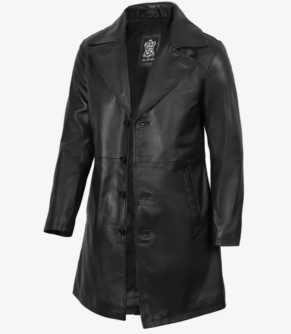 Men's 3/4 Length Black Lambskin Leather Coat