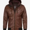 Mens Cognac Leather Bomber Jacket With Removable Hood