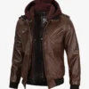 Men's Dark Brown Bomber Leather Jacket with Hood