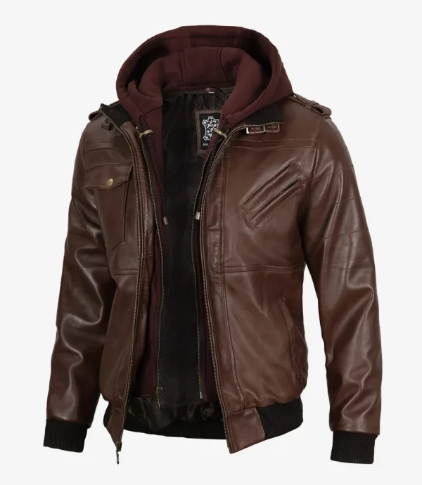 Men's Dark Brown Bomber Leather Jacket with Hood