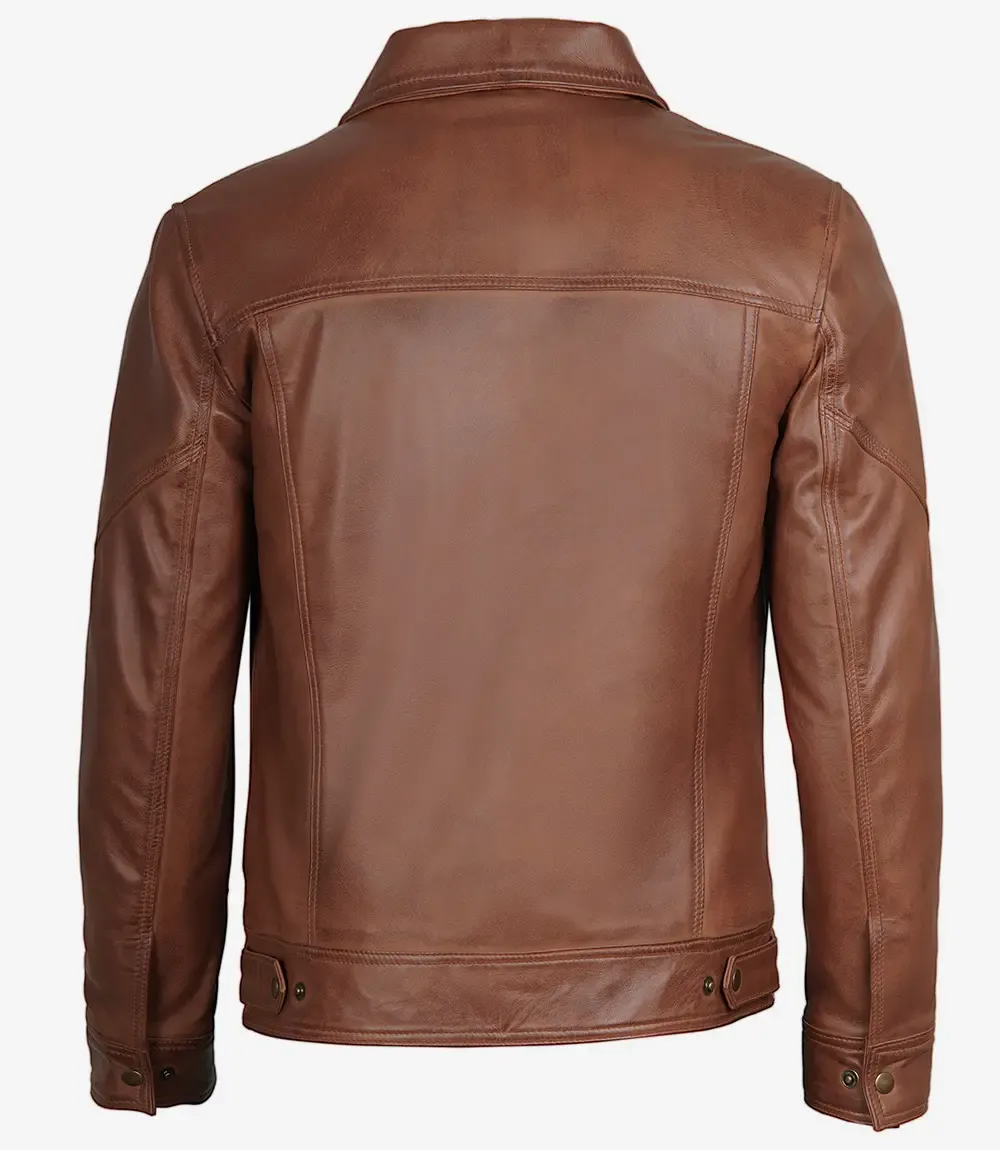 Men's Classic Shirt Collar Cognac Trucker Leather Jacket Men's Classic Shirt Collar Cognac Trucker Leather Jacket