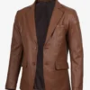 Mens Two Button Cognac Leather Blazer - Notch Lapel