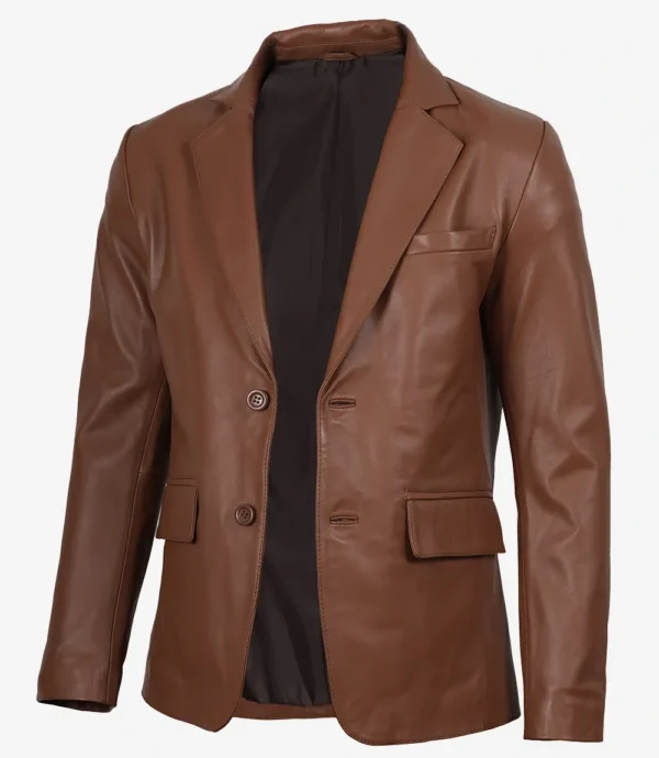 Mens Two Button Cognac Leather Blazer - Notch Lapel