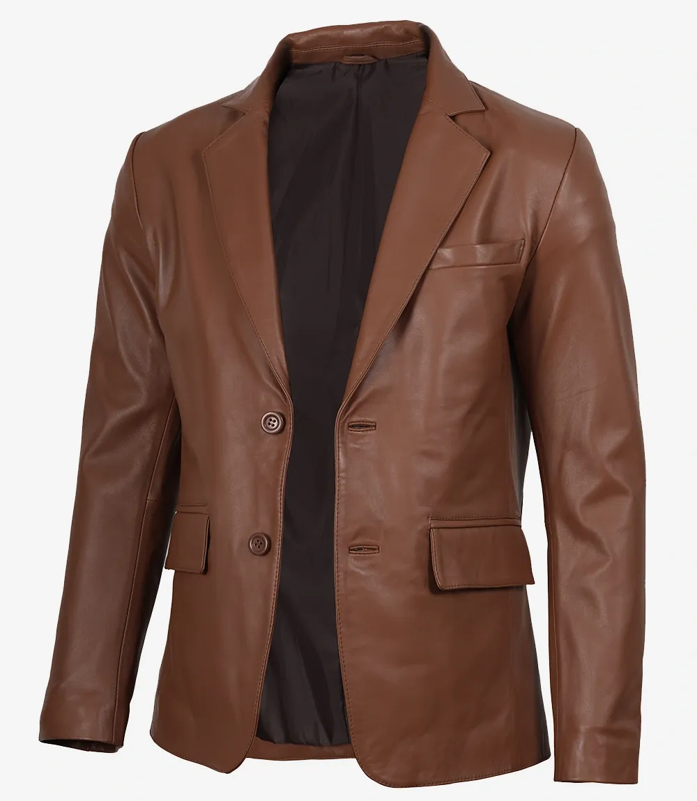 Mens Two Button Cognac Leather Blazer - Notch Lapel Mens Two Button Cognac Leather Blazer - Notch Lapel