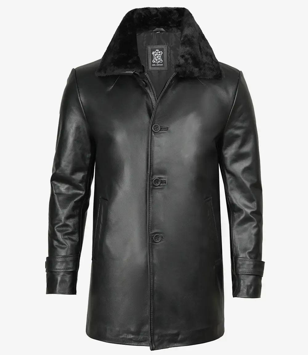 Men's Black Leather 3/4 Length Coat with Fur Collar