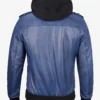 Men's Blue Wax Leather Bomber Jacket With Removable Hood