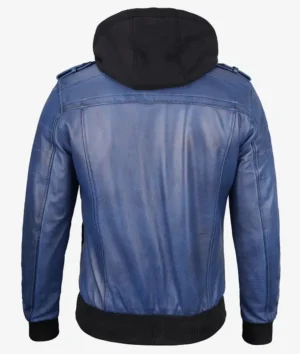 Men's Blue Wax Leather Bomber Jacket With Removable Hood