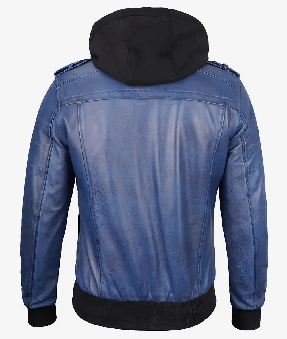 Men's Blue Wax Leather Bomber Jacket With Removable Hood Men's Blue Wax Leather Bomber Jacket With Removable Hood