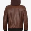 Mens Cognac Leather Bomber Jacket With Removable Hood