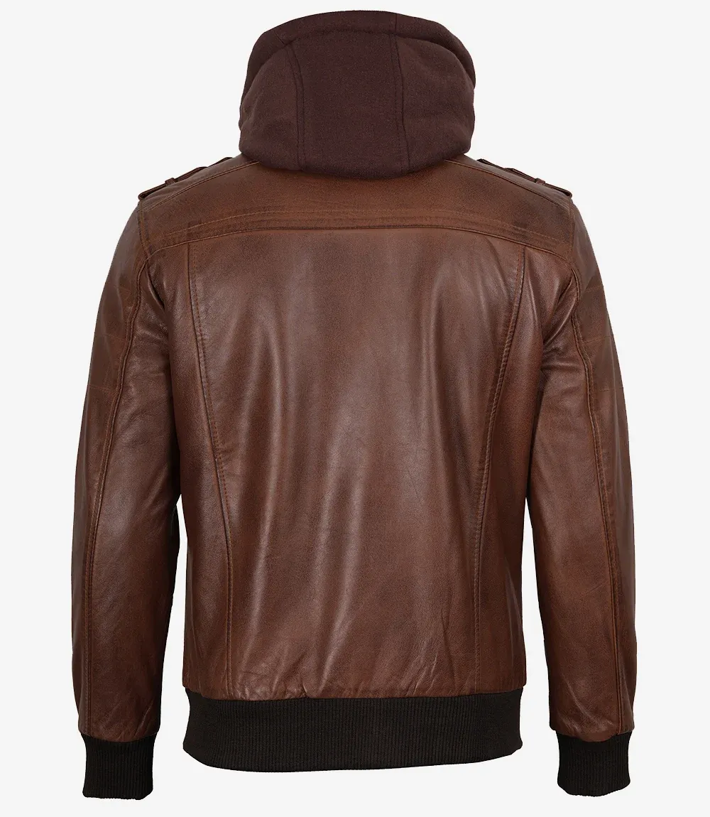 Mens Cognac Leather Bomber Jacket With Removable Hood Mens Cognac Leather Bomber Jacket With Removable Hood