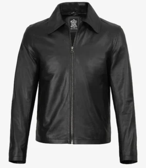 Mens Black Shirt Collar Cowhide Leather Jacket