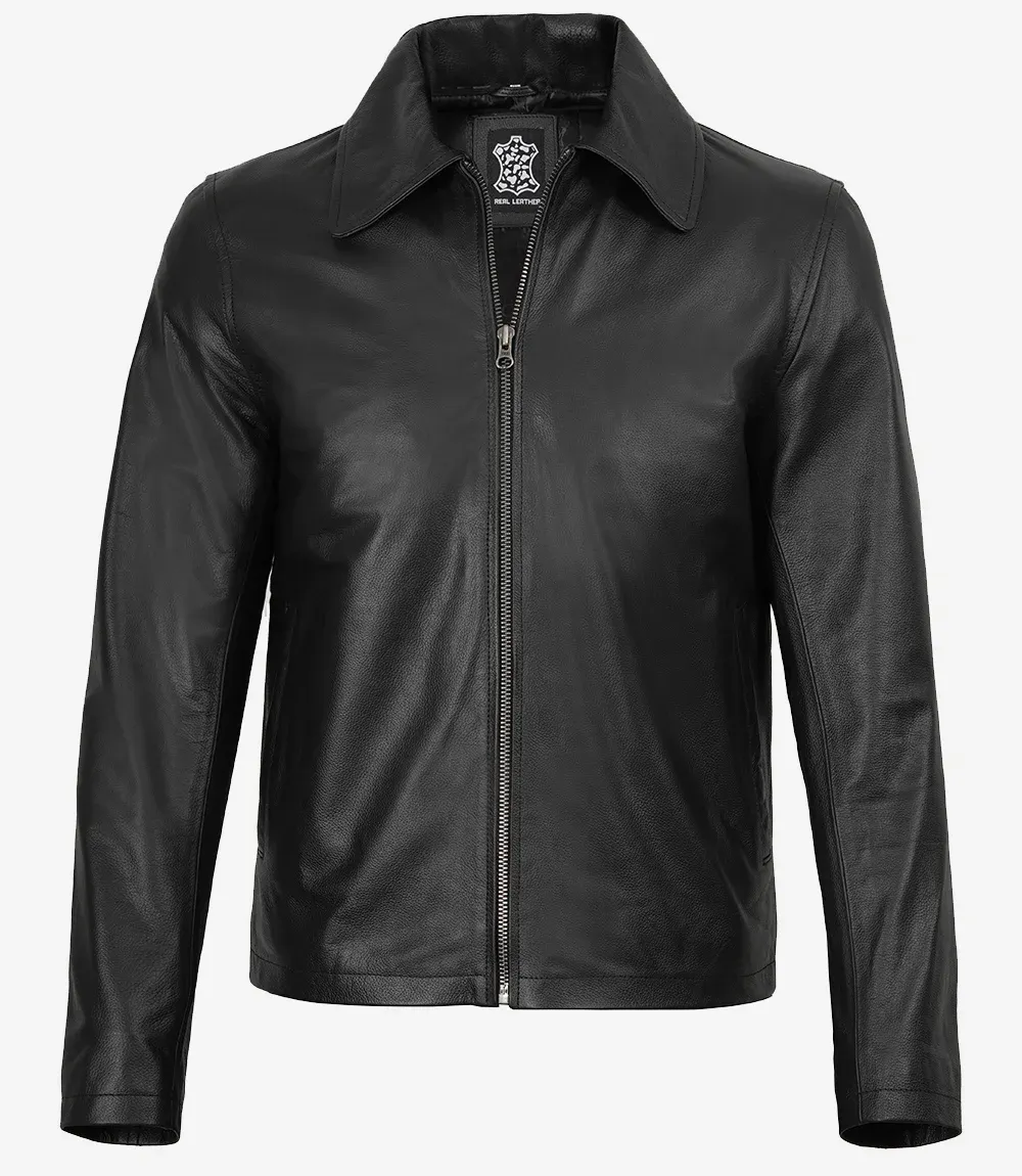 Mens Black Shirt Collar Cowhide Leather Jacket Mens Black Shirt Collar Cowhide Leather Jacket