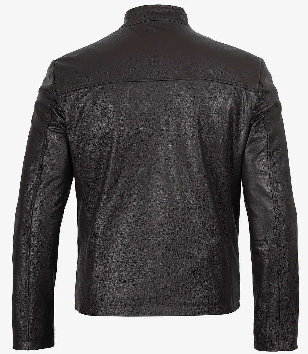 Men's Dark Brown Shearling Leather Moto Jacket - Asymmetrical Shearling Lining