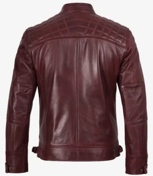 Mens Real Leather Burgundy Biker Style Jacket - Quilted Shoulder