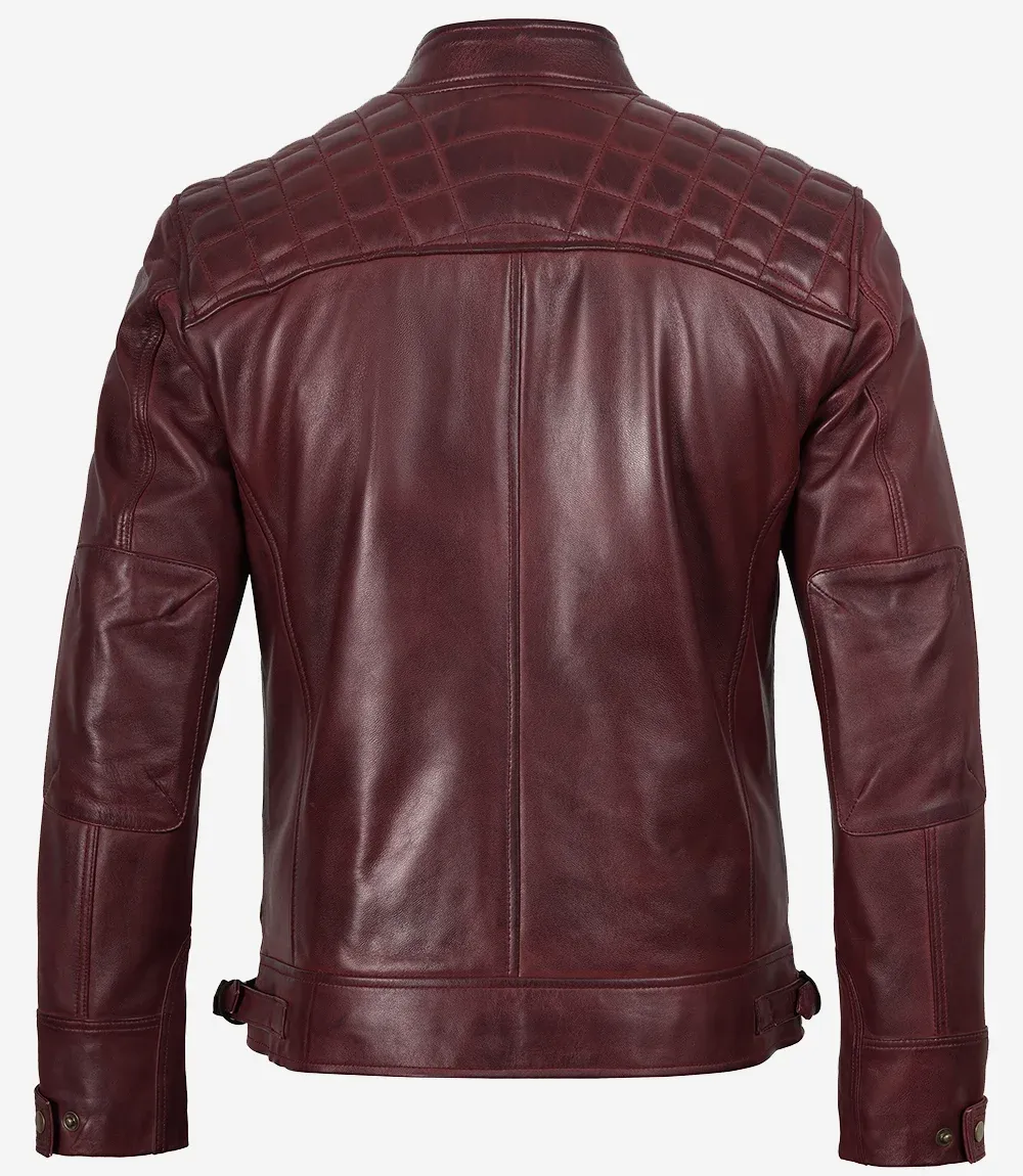 Mens Real Leather Burgundy Biker Style Jacket - Quilted Shoulder Mens Real Leather Burgundy Biker Style Jacket - Quilted Shoulder