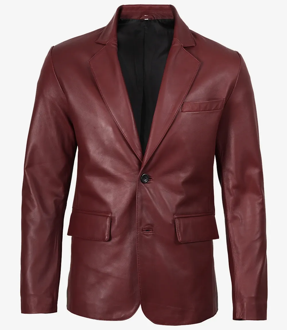 Men's Notch Lapel Maroon Leather Blazer – Two Button Men's Notch Lapel Maroon Leather Blazer – Two Button