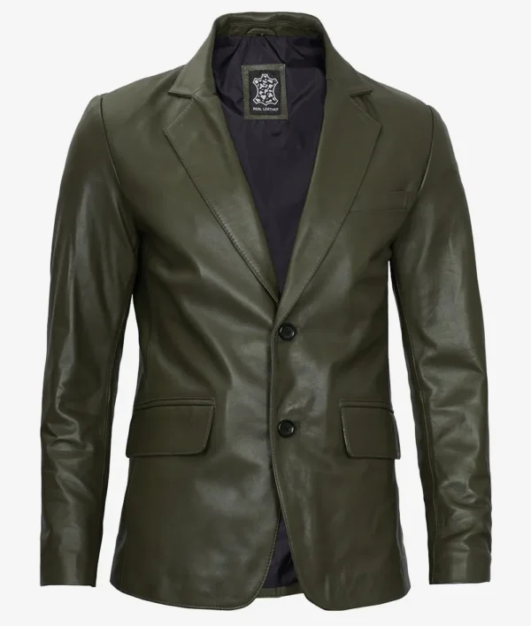 Mens Two Button Olive Green Leather Blazer