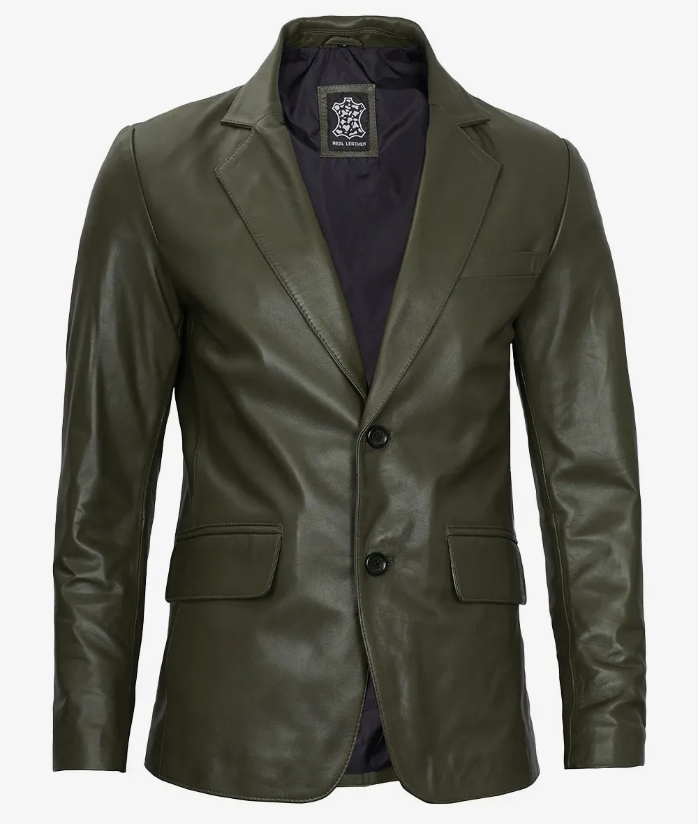 Mens Two Button Olive Green Leather Blazer Mens Two Button Olive Green Leather Blazer