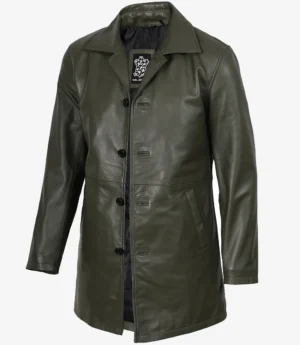 Men's Olive Green 3/4 Length Leather Car Coat