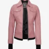 Womens Pink Bomber Leather Jacket with Removable Hood