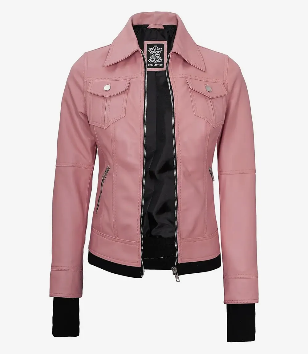 Womens Pink Bomber Leather Jacket with Removable Hood Womens Pink Bomber Leather Jacket with Removable Hood