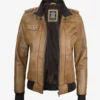 Womens Camel Brown Hooded Bomber Leather Jacket