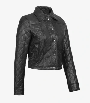 Women's Quilted Cropped Black Leather Jacket