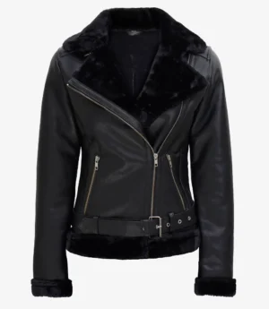 Womens Black Shearling Leather Biker Style Jacket