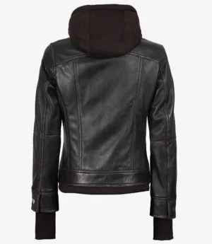 Women's Distressed Brown Bomber Leather Jacket with Removable Hood