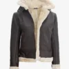 Womens Dark Brown Hooded Shearling Leather Jacket