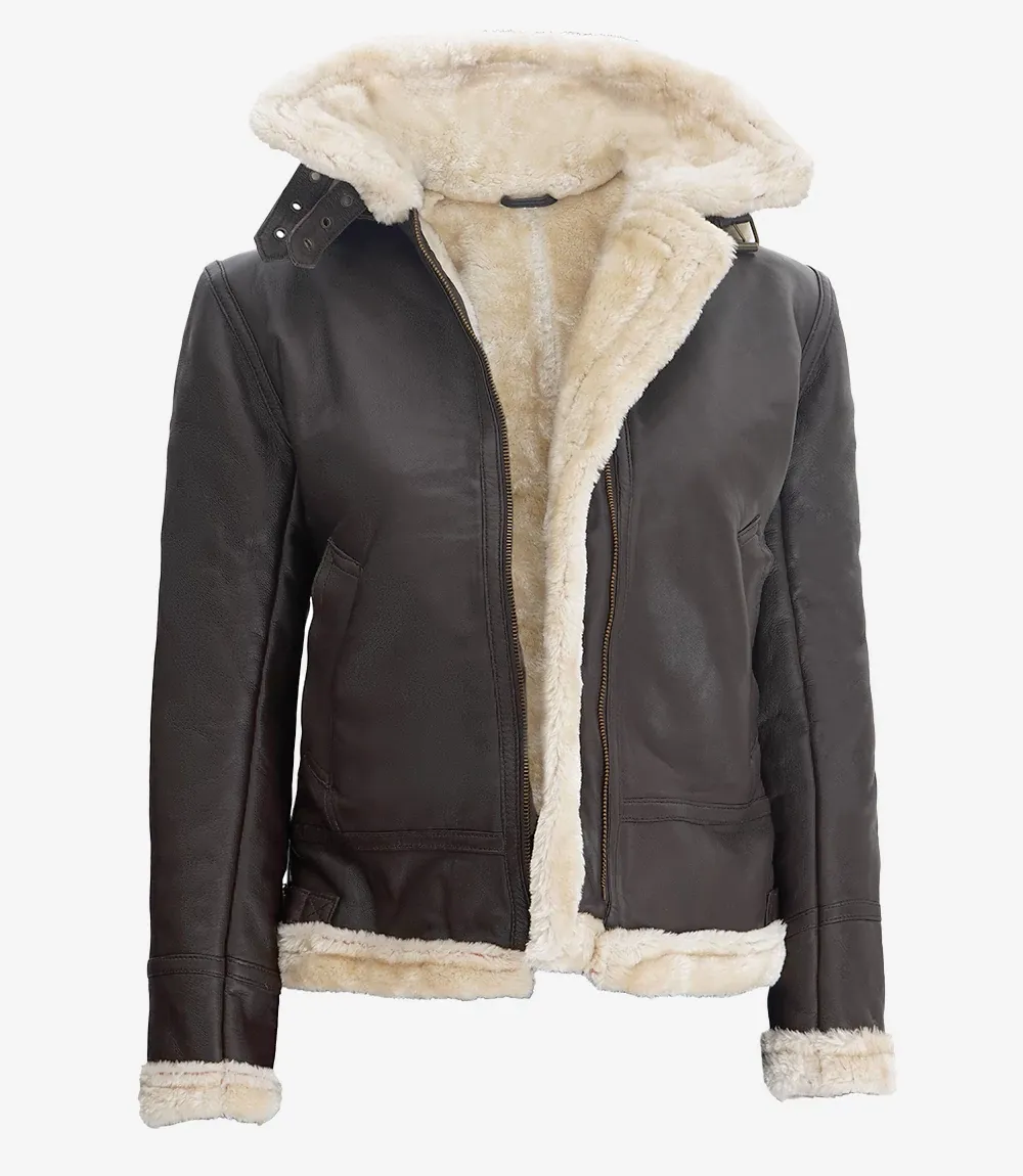 Womens Dark Brown Hooded Shearling Leather Jacket Womens Dark Brown Hooded Shearling Leather Jacket