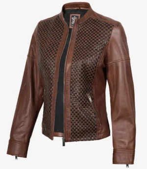 Womens Brown Textured Leather Biker Style Jacket