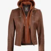 Helen Womens Cognac Leather Jacket with Removable Hood