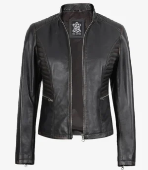 Womens Distressed Black Leather Biker Style Jacket
