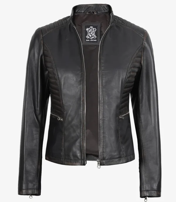 Womens Distressed Black Leather Biker Style Jacket