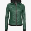 Womens Green Bomber Leather Jacket with Removable Hood