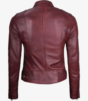 Womens Real Leather Burgundy Biker Style Jacket